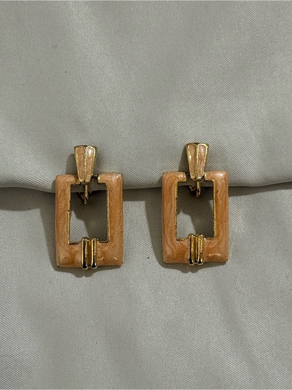 Gold & Nude Peach Enamel Geometric Dangle Clip-On Earrings